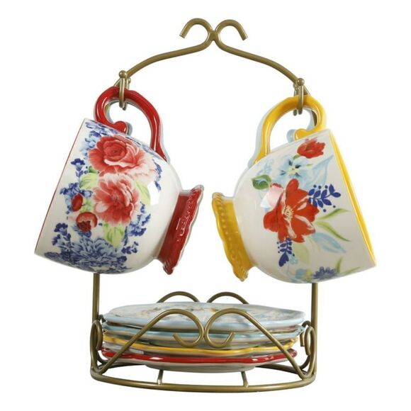 🦋New Pioneer Woman Floral Medley Mug Rack w/Appetizer Plates & Mugs 9-Piece Set - Picture 5 of 7